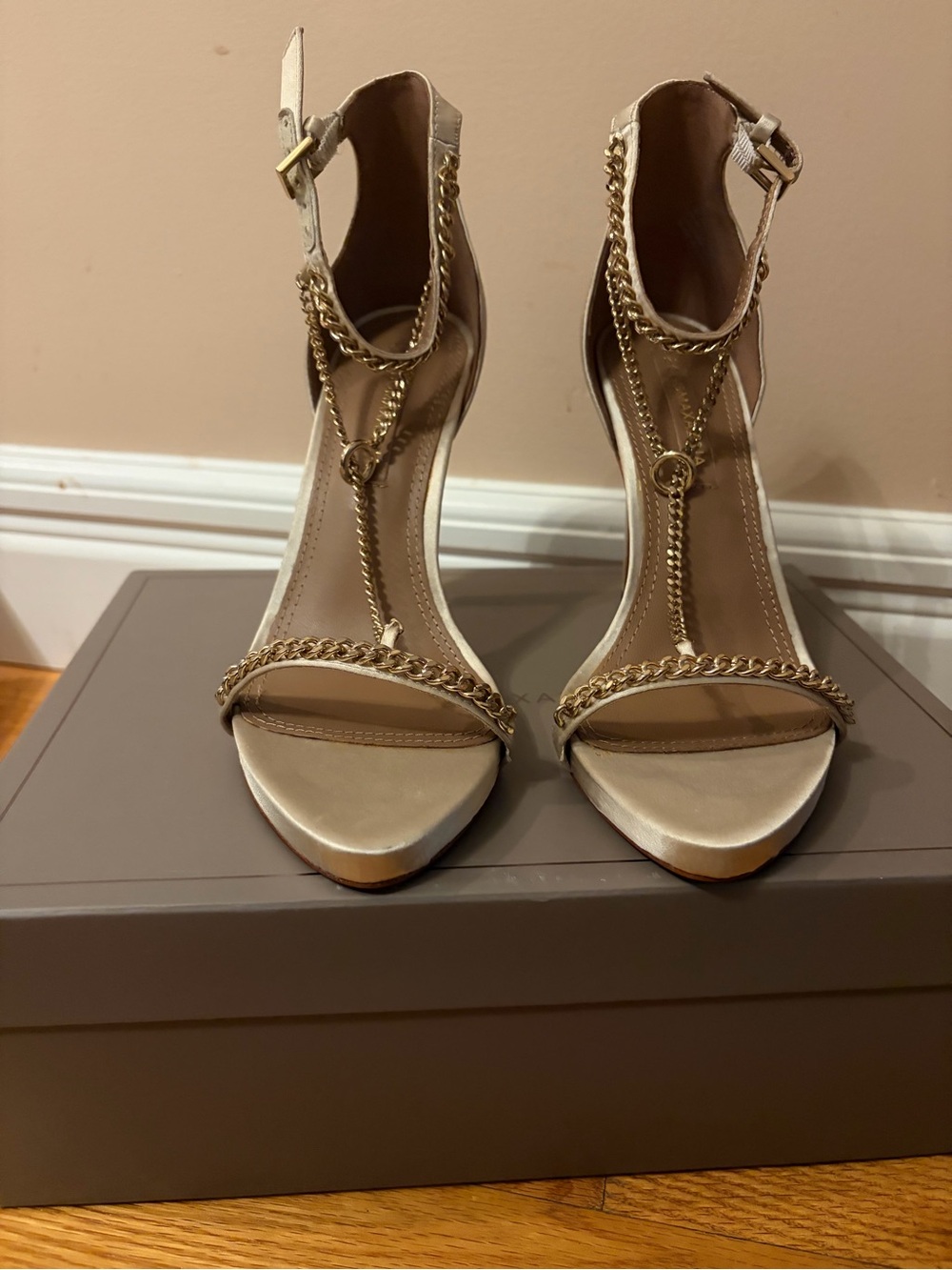 BCBGMaxAzria Gold Chain T-Strap Sandal Heels
